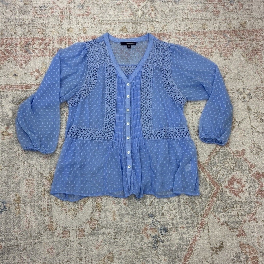 Denim 24/7 Blue Crochet Lace Balloon Sleeve Button Down Swiss Dot Blouse 14W